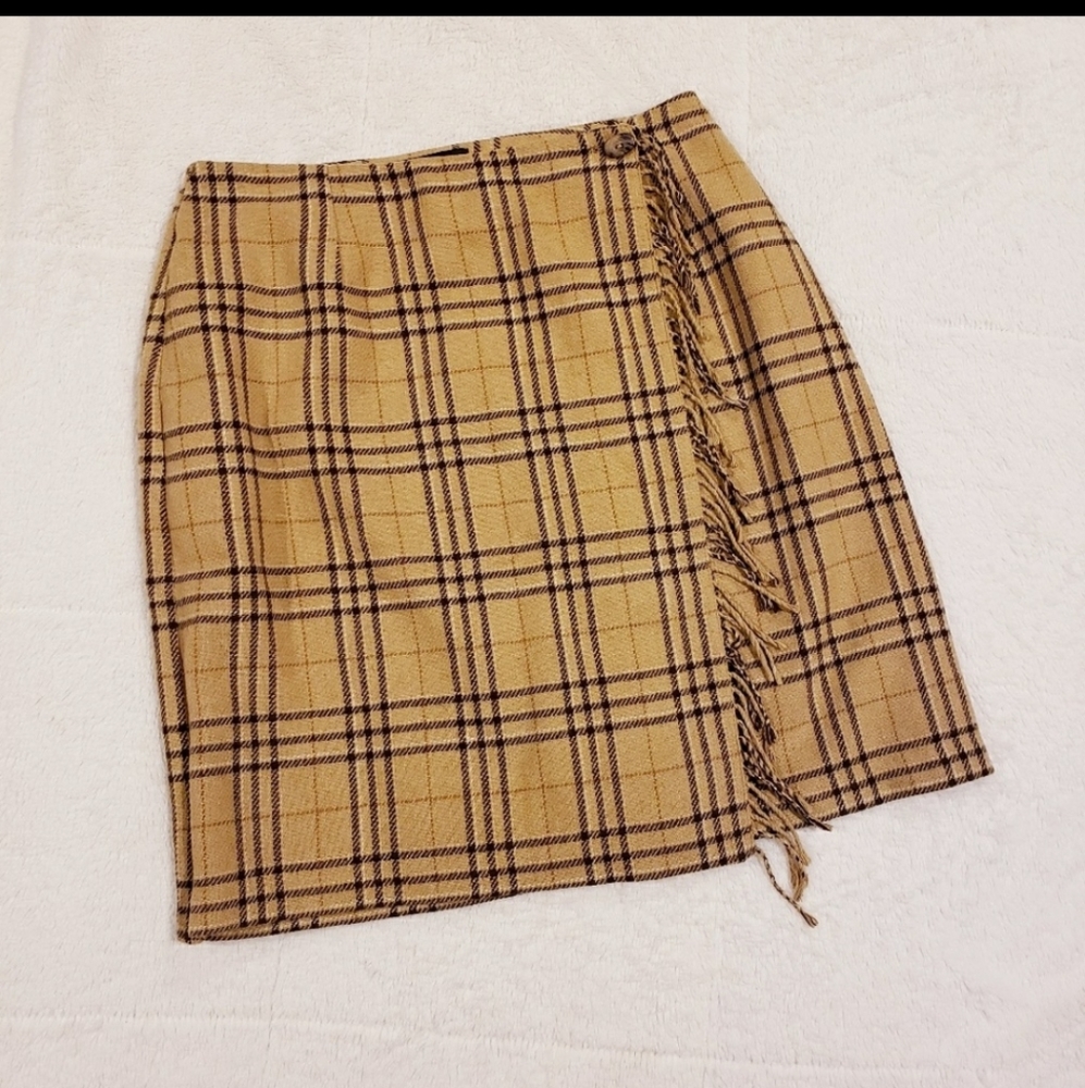 Sag Harbor Tan Plaid Faux Wrap Fringe Skirt